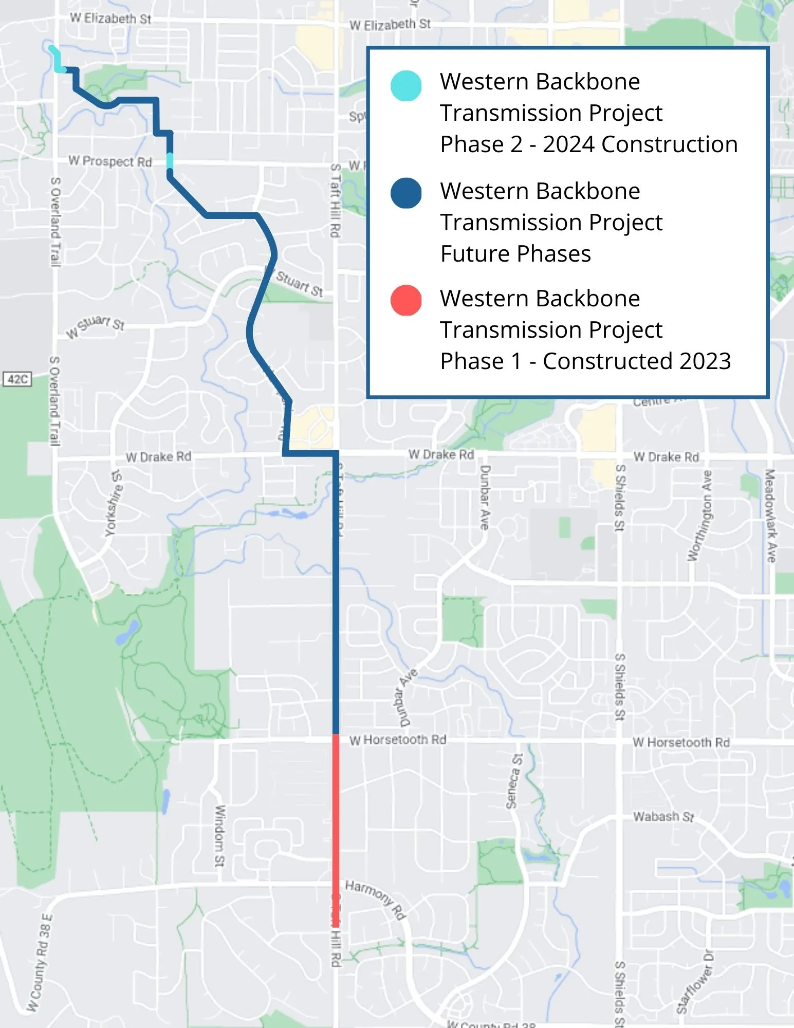Map showing future phases of the Western Backbone project impacting roads in Fort Collins