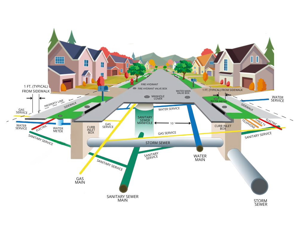 A diagram of a suburban neighborhood illustrating the underground utilities. It shows various pipes for storm sewers, sanitary sewers, water mains, gas mains, and water services, with labels indicating their typical placements in relation to the roadway and houses.