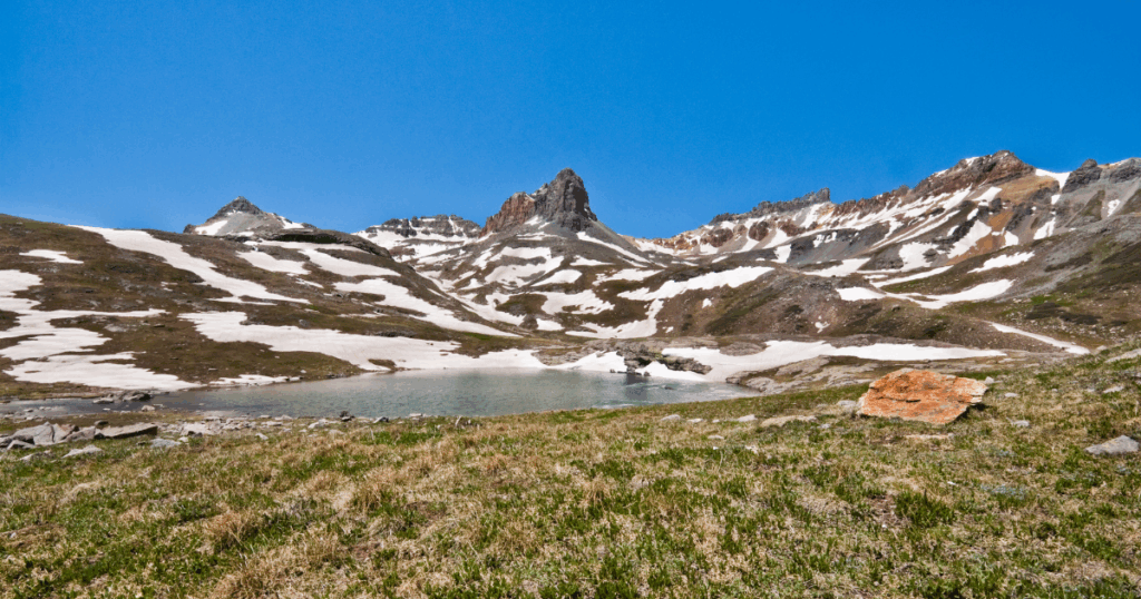 View of the snow covered mountains surrounding the Colorado River
