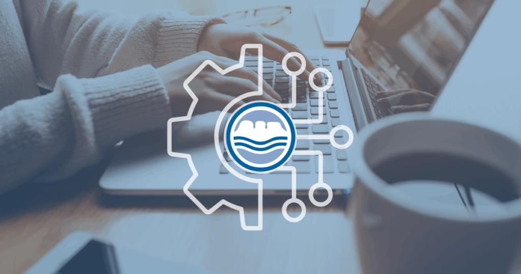 header image of women working on a computer with an technology icon overlay and the Fort Collins Loveland Water District logo in the center.